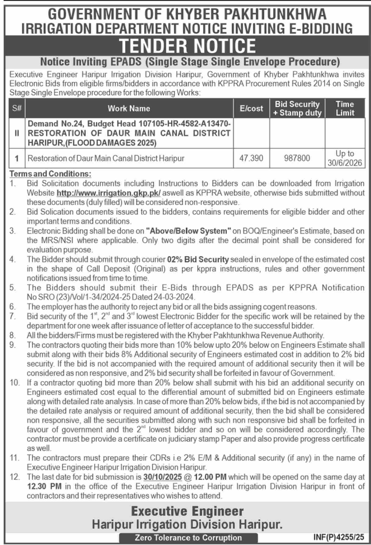 Irrigation Department KPK Tender Notice